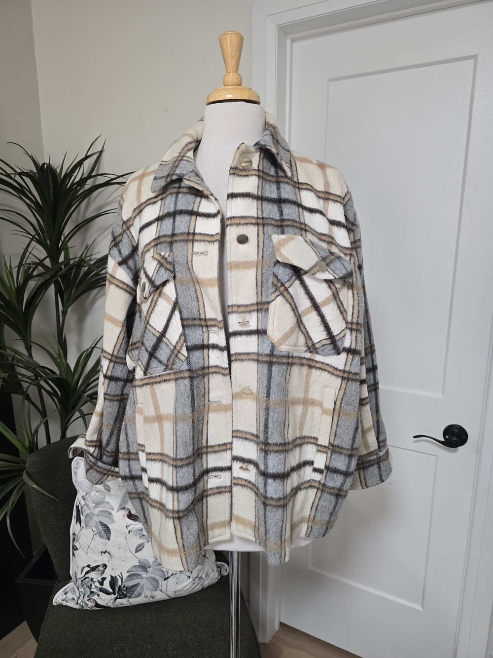 Plaid Shacket Jacket in Cream, Gray & Tan